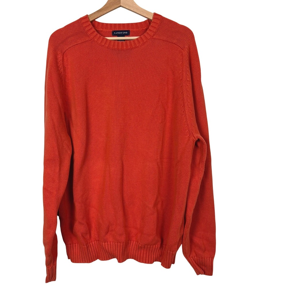 Lands End Mens XL Tall Orange 100% Cotton Crew Neck Pullover Sweater Fisherman